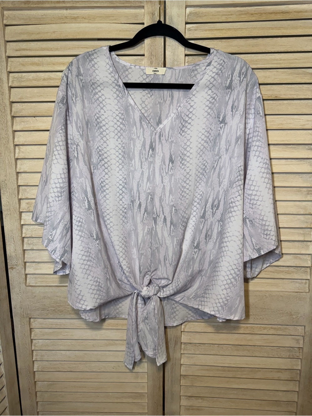 Entro Light Gray Lavender Snake-Print Tie-Front Top